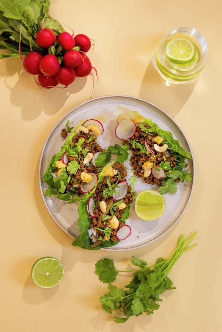 Salatwraps med sojaglaseret svinekød og radiser